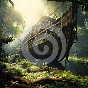 Lost Relic: Stranded Ancient Ship Amidst the Enchanting Rainforest