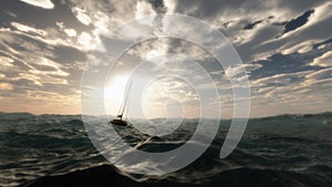 Lost sailing boat in wild stormy ocean.