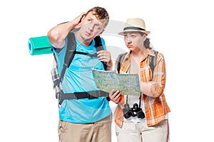 Lost stray couple of tourists with backpacks