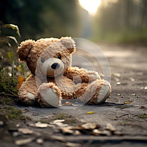 lost teddy bear sitting on a road