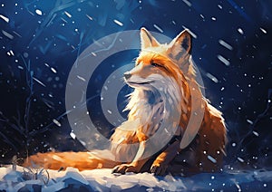Lost in Thought: A Bright Pyro Fox in the Deep Snowy Forest photo