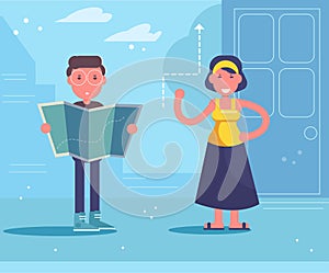 Lost tourist asks a local woman for direction Vector. Cartoon. Isolated art