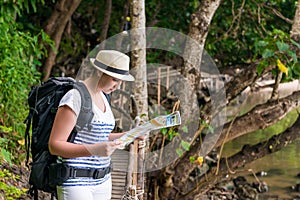 Lost tourist with a map and a backpack is looking