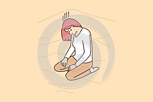 Lost woman kneels with head bowed on sand dunes in wilderness, suffering from thirst. Vector image