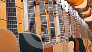 Lot of Acoustic Guitars Hanging in a Music Store. Shop musical instruments.