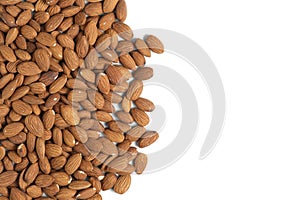 Lot of almonds white background, isolate.