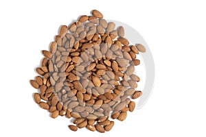 Lot of almonds white background, isolate.