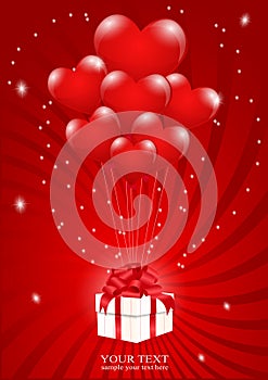 A lot of balloons-heart attached to a gift box