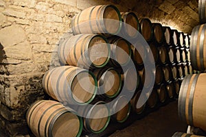 Lot of barrels inside a storage room in Marques de Riscal, Spain