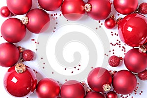 A lot of beautiful decorative Christmas balls on a white background,