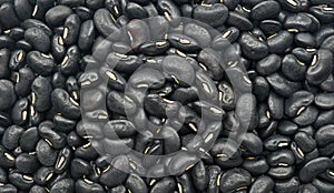 A lot of black beans raw, Organic grains food, Texture background, Top view.