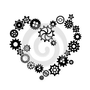 A lot of black different silhouettes of cogwheels in heart shape, steampunk mechanism on white