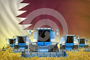 A lot of blue farming combine harvesters on farm field with Qatar flag background - front view, stop starving concept - industrial