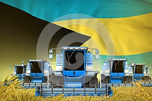 A lot of blue farming combine harvesters on grain field with Bahamas flag background - front view, stop starving concept -