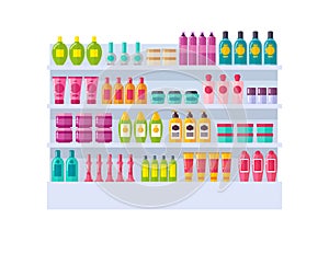 Lot of Bottles on Shelves Vector Illustration