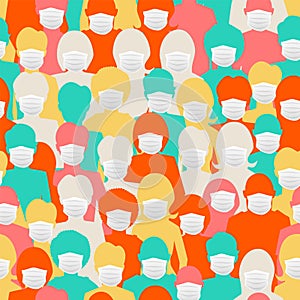 Lot of bright colorful silhouettes wear masks to protect themselves from COVID, crowd of people seamless pattern