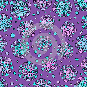 A lot of bright glowy biology cells, bacterias and virus seamless pattern