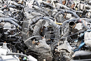 lot of car engines. Car Assembly, spare parts trade