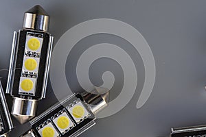 Lot of Car light bulbs emitting diode, accessories and components for electronics vehicles. Modern technologies and low energy