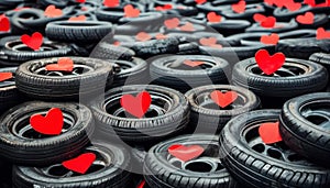 A lot of car tires with red paper hearts.