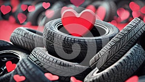 A lot of car tires with red paper hearts.