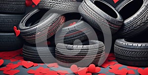 A lot of car tires with red paper hearts.