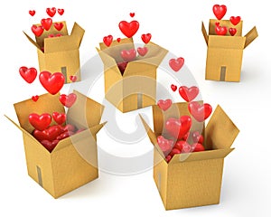 A lot of carton boxes with red hearts