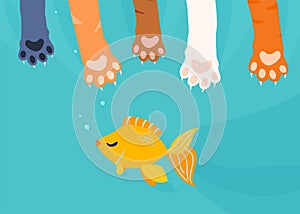 A lot of cat paws catch, fishing gold fish under water background. Fun cartoon vector illustration