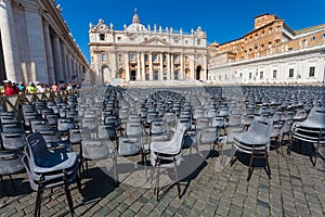 VATICAN CITY, VATICAN - September 13, 2016: A lot of chairs are on the St. Peter`s Basilica