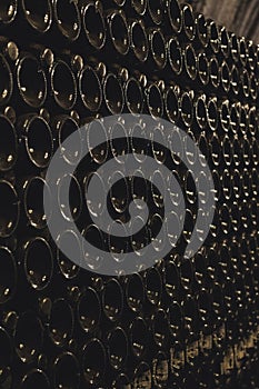 a lot of champagne bottles in the dark basement corridor of the winery