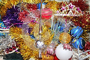 A lot of Christmas decorations of balls and toys, preparation for the holiday