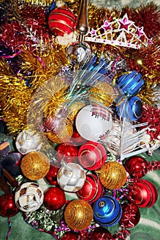 A lot of Christmas decorations of balls and toys, preparation for the holiday