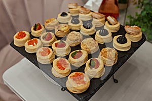 a lot of cold snacks on buffet table, catering.