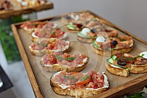 a lot of cold snacks on buffet table, catering.