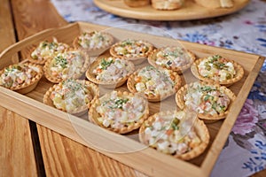 a lot of cold snacks on buffet table, catering.