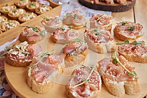 a lot of cold snacks on buffet table, catering.