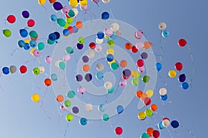 A lot of colorful balloons flying away in clear blue sky