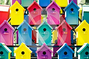 A lot of colorful birdhouses. The concept of the hostel, friendly neighborhood, common space