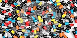 A lot of colorful capsules. 3D rendering on the theme of medicine. Medicines in the form of capsules are piled in a pile