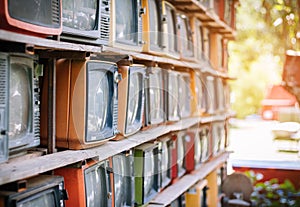 A lot of colorful old television decorate in coffee shop vintage tone