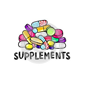 Lot of colorful pills and capsules. Dietary supplements. Healthy lifestyle. Alcohol markers style. Doodle