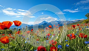 A lot of colorful poppy in the field, mountainous vistas, and a bright blue sky in the background. photo