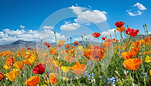 A lot of colorful poppy in the field, mountainous vistas, and a bright blue sky in the background. photo