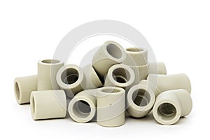 A lot of combined fittings for plastic pipes