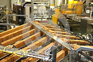 A lot of cookies on the production line. The flow of sweets before packaging. Packing crackers on the machine