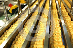 A lot of cookies on the production line. The flow of sweets before packaging. Packing crackers on the machine