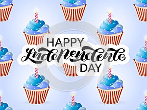 A lot of cupcakes in colors of a flag  of USA. Happy Independence day lettering. Vector illustration