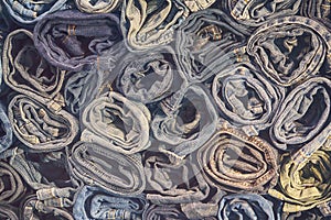 Lot of different blue jeans