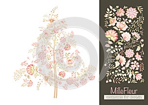 A lot of different fantasy flowers. Millefleurs trendy floral design.