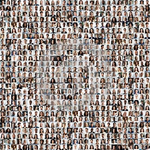 Lot of different multiracial people faces in square collage mosaic